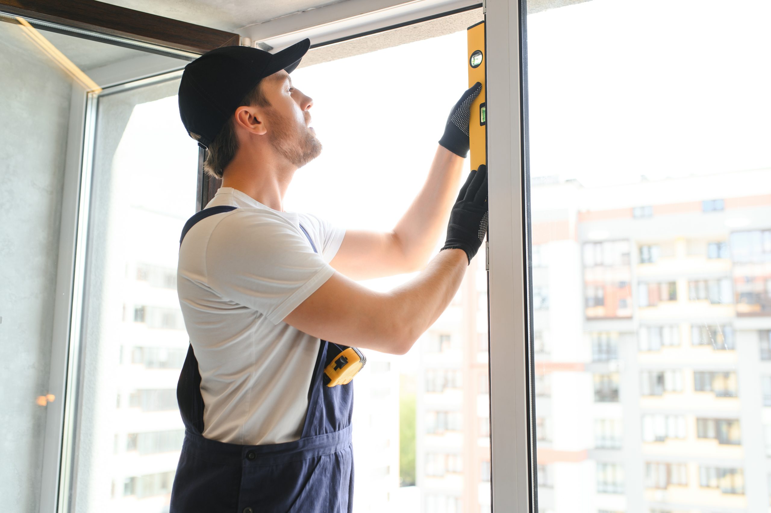 the foreman installs a window frame in the room